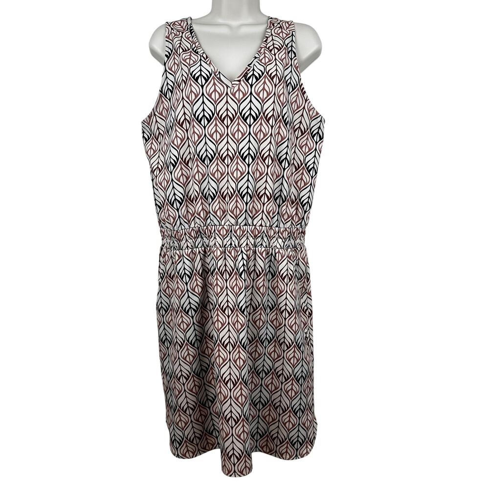 Kavu Ensenada Dress Sleeveless Double V-Neck UPF Leaf Pattern Tan Large Pockets